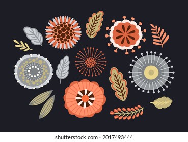 Set of floral design elements. Leaves, flowers, grass branches berries Vector illustration