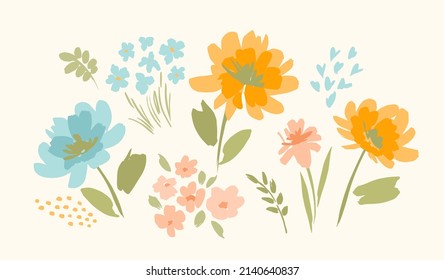 Set of floral design elements. Leaves, flowers, grass, branches. Vector illustration