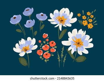 Set of floral design elements. Leaves, flowers, grass, branches. Vector illustration