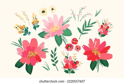 Set of floral design elements. Leaves, flowers, grass, branches Vector illustration