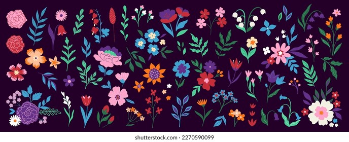 Set of floral design elements. Leaves, flowers, berries, branches. Vector graphics.