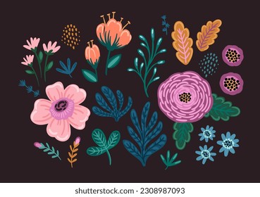 Conjunto de elementos de diseño floral. Hojas, flores, césped, ramas Ilustración vectorial
