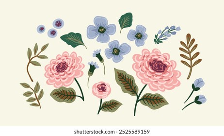 Set of floral design elements. Leaves, flowers, grass branches berries. Vector illustrations