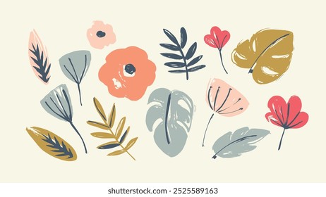 Set of floral design elements. Leaves, flowers, grass branches berries. Vector illustrations