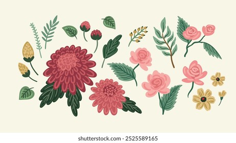 Set of floral design elements. Leaves, flowers, grass branches berries. Vector illustrations