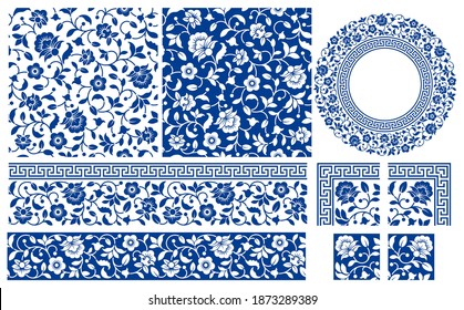 Set of floral design elements. Seamless patterns, seamless borders, circle frame. Beautiful for any plain and chic elegance designs. Vector illustration.