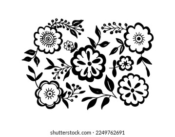 Set of floral design elements. Vector illustration. Black and white hand drawn botanical motif. Monochrome botanical collection with simple flowers.