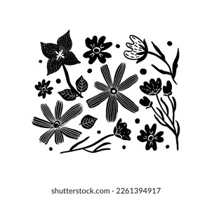 Set of floral design elements.  Vector illustration.  Black and white hand drawn botanical motif. Monochrome botanical collection with simple flowers.