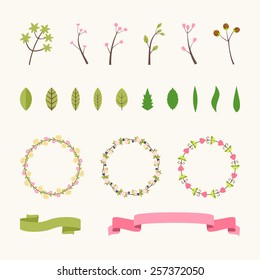 Set of floral design elements. Vector collection with leafs and flowers for greeting flyers and banners