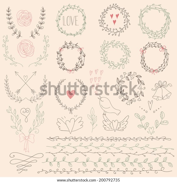 Set of Floral Design Elements.\
Wedding  set with arrows, hearts, laurel, wreaths, ribbons and\
labels. Hand Drawn graphic elements. Decorative\
elements