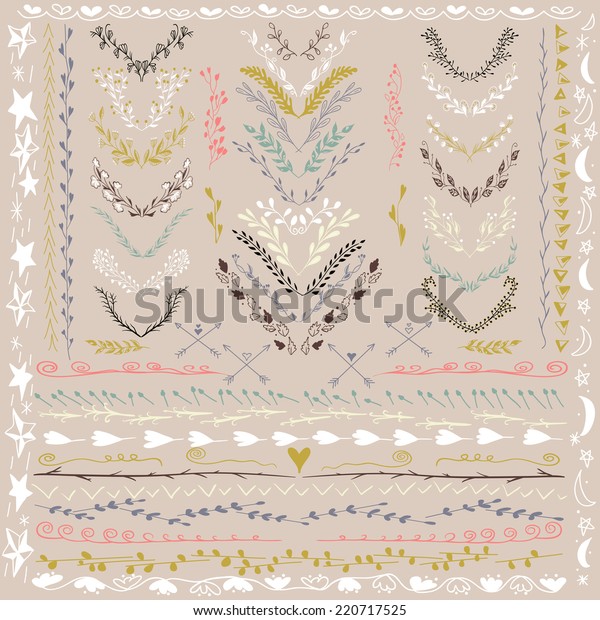 Set of\
Floral Design Elements. Wedding set with arrows, hearts, laurel,\
wreaths and labels. Decorative elements. Hand Drawn graphic\
elements. Pastel backdrop. Illustration\
vector.