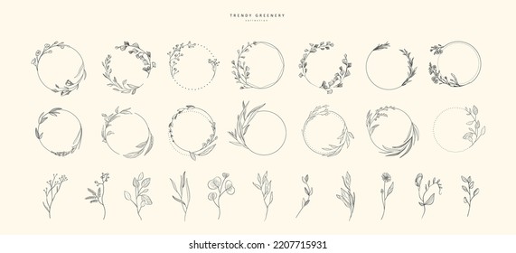 Set of floral design elements. Wreath borders branch and minimalist flowers. Hand drawn line wedding herb, elegant leaves for invitation save the date card. Botanical rustic trendy greenery vector