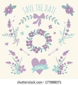 A set of floral design elements, wreaths, ribbons and hearts in pastel violet and green.