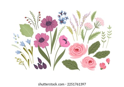 Set of floral design isolated elements. Leaves, flowers, grass, branches Vector illustrations