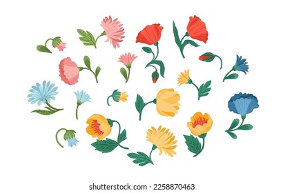 Set of floral design isolated elements. Flowers, buds, stems, leaves. Vector illustrations
