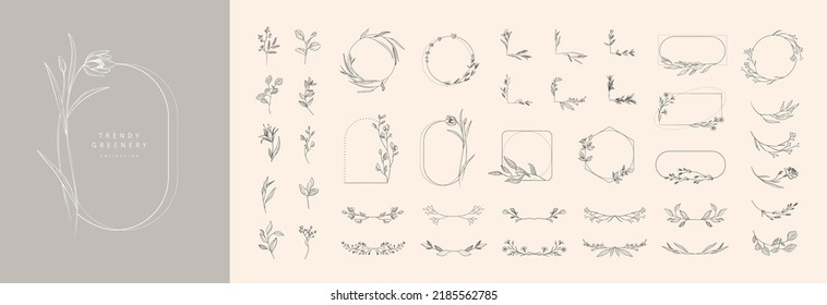 Set of floral design logo elements. Wreath borders dividers, frame corners and minimalist flowers branch. Hand drawn line wedding herb, elegant leaves for invitation save the date card. Botanical rust