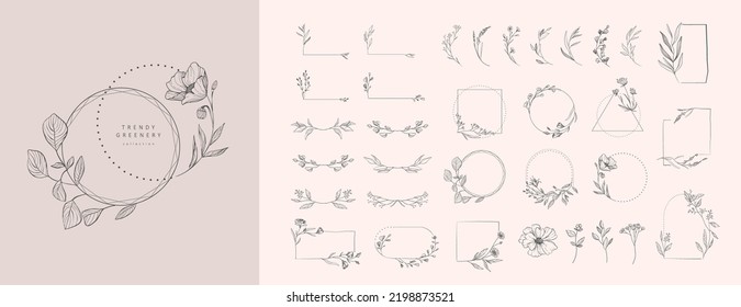 Set of floral design logo elements. Wreath borders dividers, frame corners and minimalist flowers branch. Hand drawn line wedding herb, elegant leaves for invitation save the date card. Botanical rust