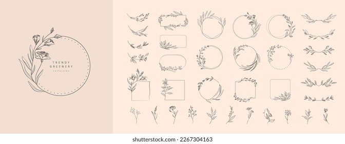 Set of floral design logo elements. Wreath borders dividers, frame corners and minimalist flowers branch. Hand drawn line wedding herb, elegant leaves for invitation save the date card. Botanical