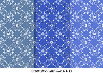 Set of floral designs. Blue vertical seamless patterns. Wallpaper backgrounds