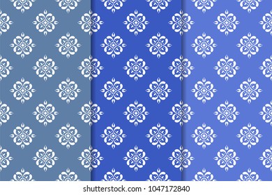 Set of floral designs. Blue vertical seamless patterns. Wallpaper backgrounds