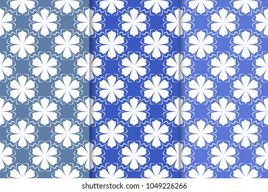 Set of floral designs. Blue vertical seamless patterns. Wallpaper backgrounds