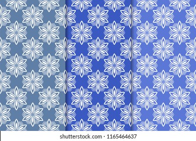 Set of floral designs. Blue vertical seamless patterns. Wallpaper backgrounds