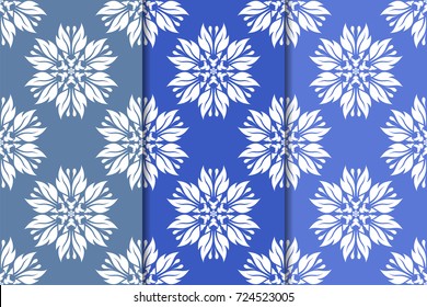 Set of floral designs. Blue vertical seamless patterns. Wallpaper backgrounds