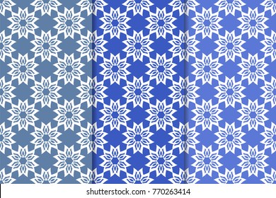 Set of floral designs. Blue vertical seamless patterns. Wallpaper backgrounds