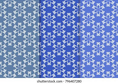 Set of floral designs. Blue vertical seamless patterns. Wallpaper backgrounds
