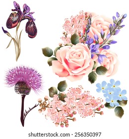 Set of floral designs in watercolor style with flowers