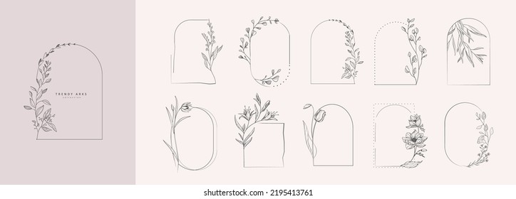 Set of floral desogn elements. Wreath borders branch and minimalist flowers. Hand drawn line wedding herb, elegant leaves for invitation save the date card. Botanical rustic trendy