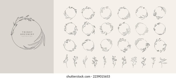 Set of floral desogn elements. Wreath borders branch and minimalist flowers. Hand drawn line wedding herb, elegant leaves for invitation save the date card. Botanical rustic trendy