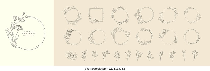 Set of floral desogn elements. Wreath borders branch and minimalist flowers. Hand drawn line wedding herb, elegant leaves for invitation save the date card. Botanical rustic trendy