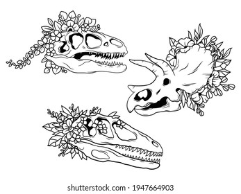 Set of floral dinosaur skull. Сollection of various head of dinosaurs with flowers. Archeology. Floral ancient reptiles. Vector illustration of a dinosaur bones on a white backgroun