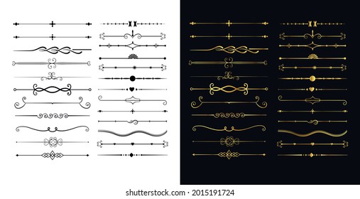 Conjunto de conjuntos de elementos de marcos de divisores florales. Elementos de diseño vintage de color negro y dorado. Ilustración vectorial.