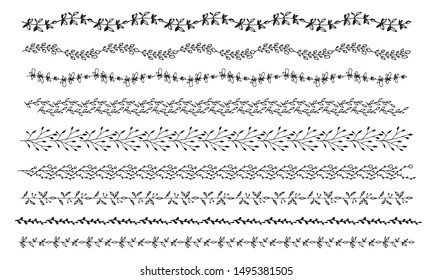 Set of floral dividers isolated on white background. Hand drawn doodle leaves for unique design.