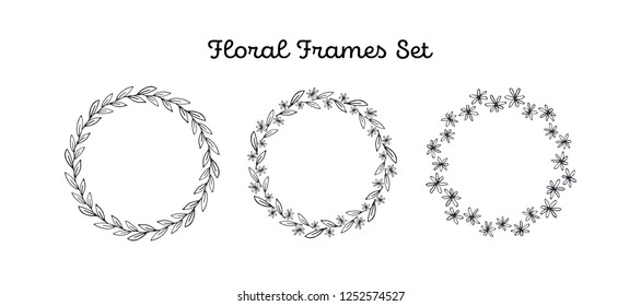Set of floral doodle circle frames. Border hand-drawn ornament with flowers and leaves. Wreaths for card or banner templates.