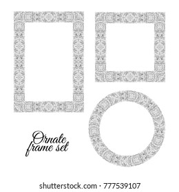 Set of floral doodle frames on white background. Hand draw ornate collection. Vector