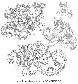 Set of floral doodle ornaments. Ethnic henna tattoo design. Doodle floral illustration for coloring book.