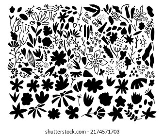 A set of floral doodles with abstract shapes and floral elements. A sketch of a collection of flowers, leaves, berries, shapes. Hand-drawn floral sketch. Vector illustration.