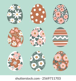 Set of floral Easter eggs. Hand drawn Easter clipart. EPS 10 vector file. Perfect for textile, wallpaper or print design.