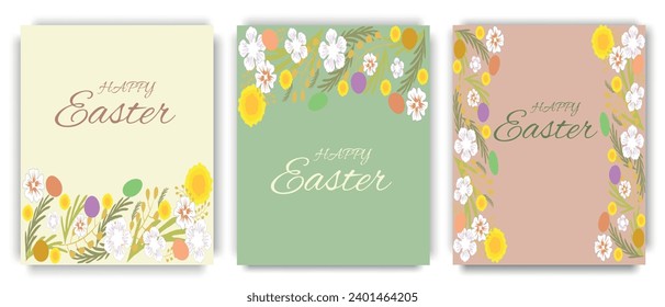 Set of floral Easter posters, with wildflowers banners, cards. Ideal for a poster, cover or card. Easter concept. Vector illustration.