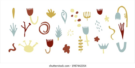 Set von floralen Elementen und abstrakten Formen. Zeitgenössische handgezeichnete Vektorgrafik-Organische Sammlung. 