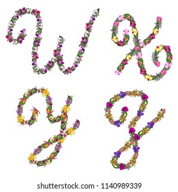 Set of floral elements alphabet letters W, X, Y, Z made with leaves and orchids flowers. Artistic vector font isolated on white.