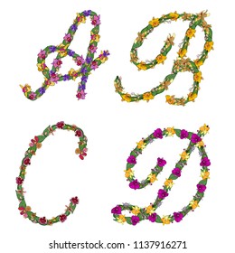 Set of floral elements alphabet letters,A, B, C, D, made with leaves and orchids flowers. Artistic vector font isolated on white.