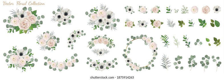 Set of floral elements. anemone ranunculus rose peony flowers, eucalyptus branches wreath green leaves and flowers. Vector arrangements for greeting card or weddong invitation design