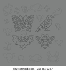 Conjunto de elementos florais para desenhos de arte de linha animal.