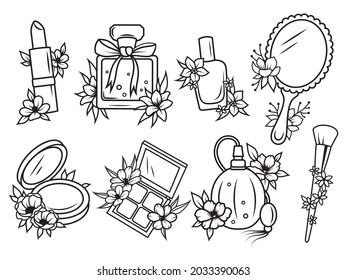 Set of floral elements for applying makeup. Collection of elements for a professional makeup artist. Cosmetic products. Vector illustration for a store.