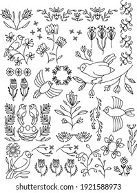 conjunto de elementos florales y aves en forma de doodle