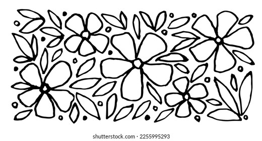 Set of floral elements with black outline. Vector sketch in ink. Flowers and leaves. Spring summer collection. - Shutterstock ID 2255995293